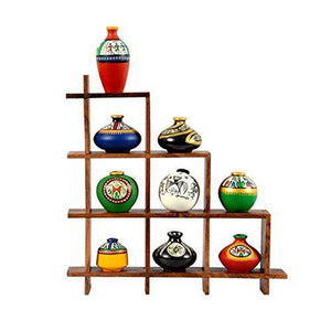 ExclusiveLane 9 Small Sized Terracotta Pots with Home Decorative Wooden Wall Hanging (Set of 9 Mini Pots) - Home Decor Lo