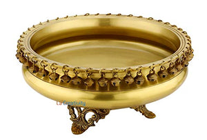 La' Creativity metal Round Hanging Bells Design Brass Urli on Carved Stand (Gold) - Home Decor Lo
