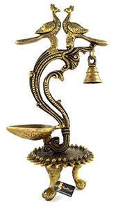 Two Moustaches Brass Ethnic Carved Twin Peacock Design Over Diya (Yellow_5.5 Inch X 4 Inch X 12 Inch) - Home Decor Lo