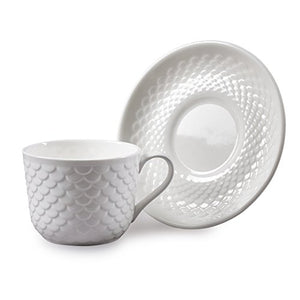 Clay Craft Ripple Impression Cup and Saucer Set, 12-Pieces, White (IMP-CS-RIPPLE-1001) - Home Decor Lo