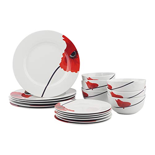 AmazonBasics 18-Piece Kitchen Porcelain Dinnerware Set, Dishes, Bowls, Service for 6, Poppy - Home Decor Lo