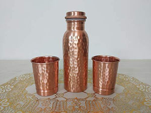 Copper Water Bottle and Glass Set, Healthy Gift Pack of Copper Ware, Combo Set of 3 Pcs (Hammered, Copper) - Home Decor Lo