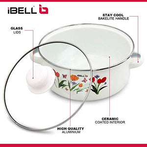 IBELL IBL ECS 206FL Decorative Enamel Ceramic Casserole with Sturdy Glass Lids, 20 cm, 2.2 L - Home Decor Lo