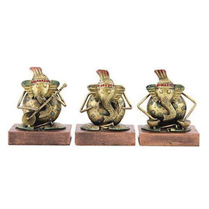 Handicrafts Paradise Musical Ganesh in Iron and Wood Handmade Decorative Gift Item Showpiece for Home Décor (4 inch) - Set of 3 pc - Home Decor Lo
