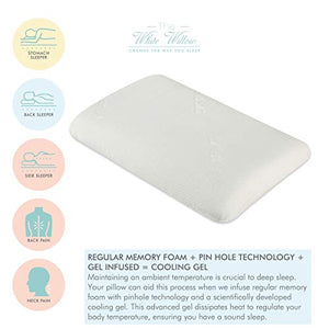 The White Willow Orthopedic Memory Foam Cooling Gel Standard Size Neck & Back Support Sleeping Bed Pillow with Removable Zipper Cover (22" L x 16" W x 5" H) -White - Home Decor Lo