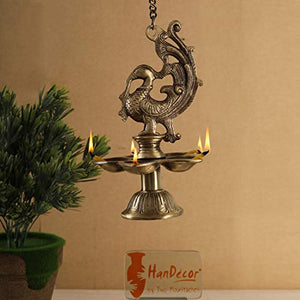 Two Moustaches Peacock Design Five Wick Brass Oil Lamp Hanging Diya | Home Decor | - Home Decor Lo
