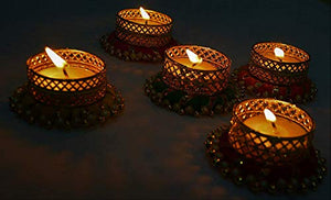 Diwali Decoration Tealight Candle Holders with Pearls, 5 Pcs Holders & 5 Tealight Candles Free/Made in India/Handcrafted/Great for Gifts, Navratri, Holi, Pooja/Festival Decoration Item (5 pcs + 5 Candles FREE) - Home Decor Lo