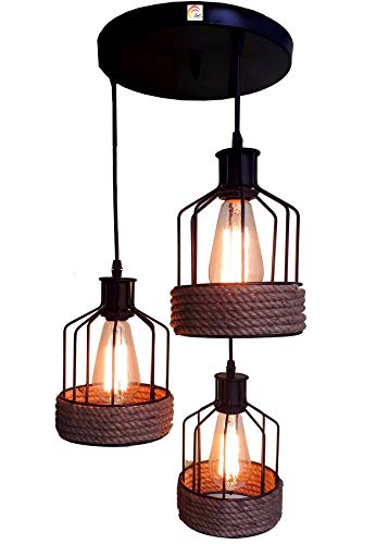 Lyse Decor_ Nordic Style Metal & Rope Shade 3 Lights Ceiling Chandelier Hanging Pendant Light Lamp (Black) - Home Decor Lo