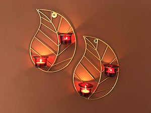 Maple Craft Golden Leaf T-Light/Wall Scones Set of 2 Brass Leaf Wood for Home Decor/Living Room/Bed Room (8 X 12 Inch) (T-Light Candle Holder) - Home Decor Lo