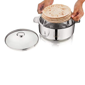 NanoNine Chapati Server Deep Chapati Pot Insulated Stainless Steel Casserole Serve Fresh Roti Pot with Steel Coaster and Glass Lid, 1.5 L, 1 pc - Home Decor Lo