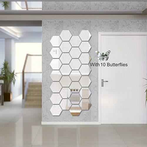 Wall1ders - Hexagon-Silver (Pack of 28) with 10 Butterflies 3D Acrylic Mirror Wall Stickers for Living Room, Hall, Bed Room & Home - Home Decor Lo