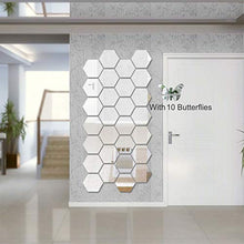 Load image into Gallery viewer, Wall1der - 28 Hexagon &amp; 10 Butterflies Silver (Size 10.5 x 12.1) 3D Acrylic Stickers, 3D Acrylic Mirror Wall Stickers for Living Room, Hall, Bed Room &amp; Home - Home Decor Lo