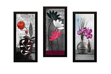 SAF Set of 3 Flower Floral Pot UV Coated Home Decorative Gift Item Framed Painting 17 inch X 24 inch - Home Decor Lo