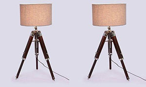 Beverly Studio 12 Inches Beige Drum Shade Sheesham 12 Inches High Wooden Tripod Lamp - Home Decor Lo