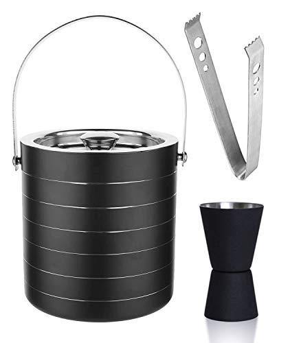 HAINE Barware Bar Set of Double Wall Insulated Ice Bucket 1750 ml with Lid | Peg Measure Jigger | Tong, Stainless Steel - Home Decor Lo