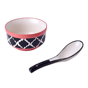 The 7 Dekor Ceramic Handmade Printed Katori Soup Bowl with Spoon (Set of 6) - Home Decor Lo
