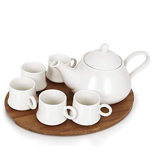 Urban Snackers Porcelain Tea Pot Tea Kettle with 5 Cups and Wooden Serving Tray 28.5 for Drinking Tea - Home Decor Lo