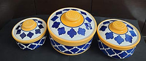 LOTUM Pure Ceramic Blue & Yellow Serving Bowls /Donga Bowls/Casserole Set with Unique Lids for Home Kitchen, Dining Table Serving Ware Storage Containers (Set of 3)/Handmade in India - Home Decor Lo