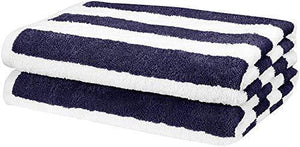 AmazonBasics 2 Piece Cotton Beach Towel - 477 GSM - 60" x 30" (152.4 cm X 76.2 cm) - Cabana Stripe, Navy Blue - Home Decor Lo