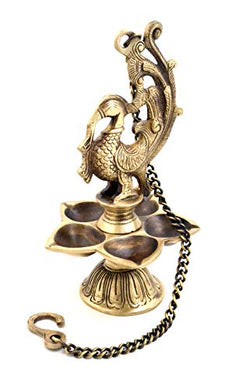 Two Moustaches Peacock Design Five Wick Brass Oil Lamp Hanging Diya | Home Decor | - Home Decor Lo