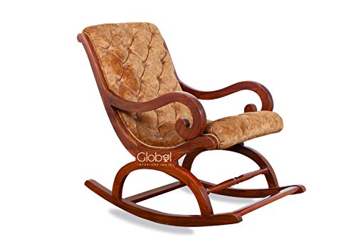 Globel Interiors India Italian Velvet Cushioned Teak Wood Carved Premium Embellished Rocking Chairs for Living Room | Rolling Chair | Chair for Grandpaa (Color ; Beige) - Home Decor Lo