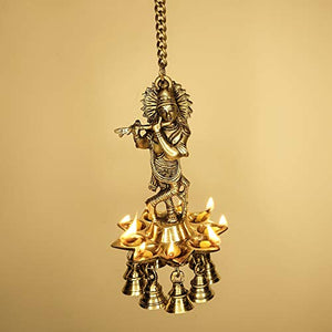 ONVAY Brass Wall Hanging Laddu Gopal Design Oil Lamp Diya with Bells (Gold_5 Inch X 5 Inch X 16 Inch) - Home Decor Lo