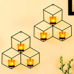 TIED RIBBONS Wall Hanging Tealight Candle Holder with Yellow Glass Votives for Home Décor - Wall Sconce for Diwali Decoration Item - Home Decor Lo
