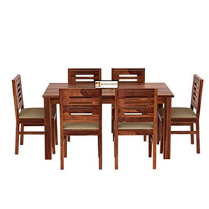 Hariom Handicraft KendalWood Furniture Sheesham Wood Natural Brown Finish 6 Seater Dining Table Set with Chairs and Cushion - Home Decor Lo