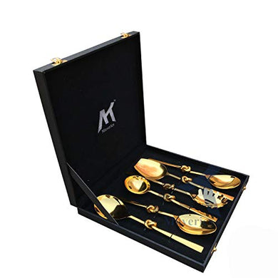 Maverics Knot Golden Cutlery Feather Design Serving Spoons - Set of 6 pcs - Home Decor Lo