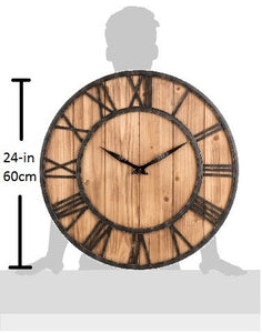 Oldtown Clocks Farmhouse Rustic Barn Vintage Bronze Metal and Solid Wood Noiseless Big Oversized Wall Clock (Wooden Colour, XL/24-inch) - Home Decor Lo