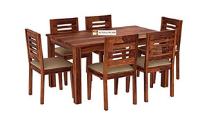 Hariom Handicraft KendalWood Furniture Sheesham Wood Natural Brown Finish 6 Seater Dining Table Set with Chairs and Cushion - Home Decor Lo