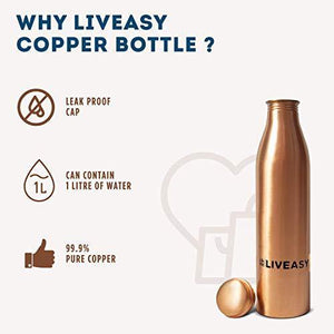 LivEasy Essentials 100% Pure Copper Bottle 1000 mL - ayurvedic Health Benefits - Leak Proof Cap - Home Decor Lo