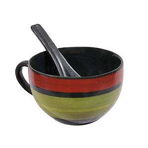 Miah Decor MDCF-12 Ceramic Crafted Soup Bowls with Attached Handles and Spoon [Multi Colored: Black, Green and Red]-Set of 2 - Home Decor Lo