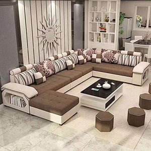 Quality Assure Furniture Hardwood 9 Seater Fabric Sofa Set with 4-Puffy (Roland Brown) - Home Decor Lo