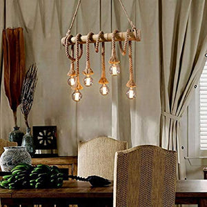 ANZZSS Bamboo Light Rope Cord Hemp Dining Lighting, Restaurant, Kitchen Vintage Pendant Lamp 6 Holder Hanging (Bulb Not Included - 6 x 40 Watts incandescent E26/E27) - Scrolling, Beige & Brown