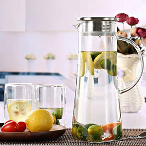 Akky Enterprise Glass Water Carafe Pitcher With Stainless Steel Infuser Lid and Spout - Heat Resistant Pitcher for Hot/Cold Water, Jug Bottle,Milk,Juice, Iced Tea (Glass, 1300ml),(1 pcs) - Home Decor Lo