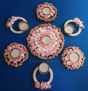 Decorative Buckets Handmade Tea Light Holders|Set of 7 Pink Rangoli Candle Holders|Diwali Decorations|onam pongal Rangoli Floor Decorations|Diwali diyas|Diwali Lights|Diwali Candles - Home Decor Lo