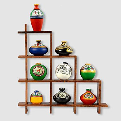 ExclusiveLane 9 Small Sized Terracotta Pots with Home Decorative Wooden Wall Hanging (Set of 9 Mini Pots) - Home Decor Lo