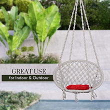 Load image into Gallery viewer, Swingzy Cotton Round Hanging Swing for Kids &amp; Adults,100% Cotton Rope Swing Chair with Square-Cushion for Indoor,Outdoor,Patio,Swing Chair with 3ft. Chain &amp; Hanging Accessories(120 kgs Capacity,White) - Home Decor Lo