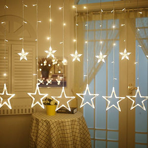RaajaOutlet Plastic 138 LEDs Star Standard Curtain String Lights with 8 Flashing Modes for Holiday Festival Christmas Party Decoration (Warm White) - Home Decor Lo