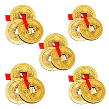 Load image into Gallery viewer, Divya Mantra Feng Shui Chinese Lucky Fortune I-Ching Coin Ornaments Wealth Charm Amulet Three Bronze Metal Coins with Hole and Red Ribbon Knot for Good Money Luck, Decoration Charms Set of 5 – Golden - Home Decor Lo