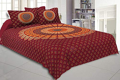 JaipurFabric Jaipuri Print Cotton Double Bedsheet with 2 Pillow Cover Set Red Mandala Bedsheet Tapestry Floral Print 120TC King Size, 86 x 106 inch (Red) - Home Decor Lo
