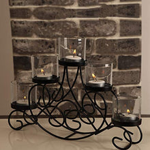 Load image into Gallery viewer, Gliteri Gallery Victorian Style Metal Stand Glass Cup 5 Votive Tealight Candle Holder for Central or Side Tables Living Room and Home Decoration or Gifting (Black 14X9X2.5 Inch) - Home Decor Lo