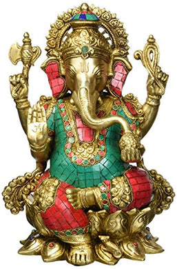 Aone India Rare God Ganesha Statue Sitting on Lotus- Hindu Lord of Prosperity & Fortune Ganesh Figurine- Brass Metal with Turquoise India Handmade Elephant God Idol + Cash Envelope (Pack Of 10)