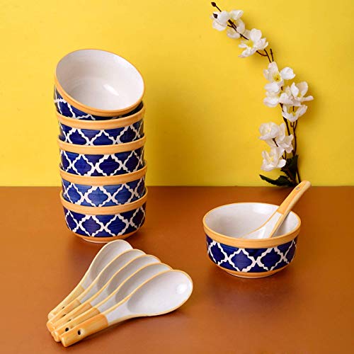 The 7 Dekor Ceramic Handmade Printed Katori Soup Bowl with Spoon Set of 6 - Home Decor Lo