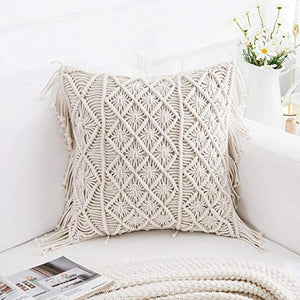 PartyStuff Knitted Cushion Cover Cotton Macrame 16 inch Hand-Woven Living Room, Sofa, Decorative Throw Square Pillow Cover - Home Decor Lo