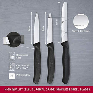 Victorinox, Swiss Classic KITCHEN KNIVES/ PARING KNIVES/ VEGETABLE KNIVES 3 pcs set, 11cm Wavy Edge, 8 cm Straight Edge & 8 cm Wavy Edge - BLACK colour. - Home Decor Lo