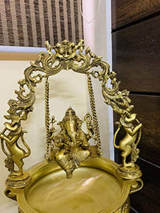 Two Moustaches Ethnic Design Swing Ganesha Brass Urli Showpiece (15 X 12 X 21 Inches, Antique Yellow) - Home Decor Lo