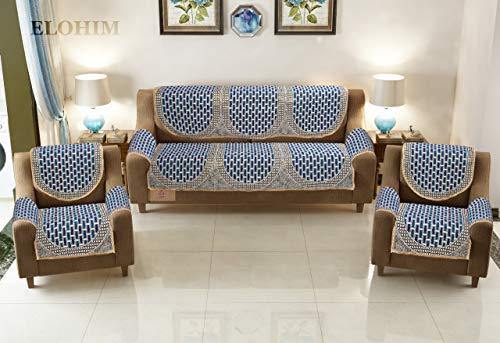 ELOHIM™ 5 Seater Polycotton Sofa Cover Set with 6 Pieces Arms Cover (Set of 12 Pieces) (Sky Blue) - Home Decor Lo