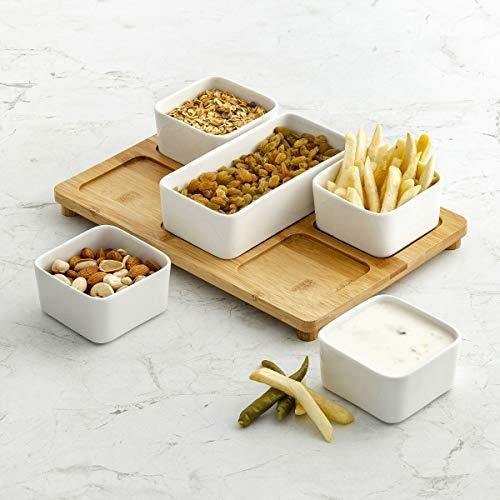 Home Centre Rhodes-Camolin 5-Piece Dessert Bowl Set with Bamboo Tray - Home Decor Lo